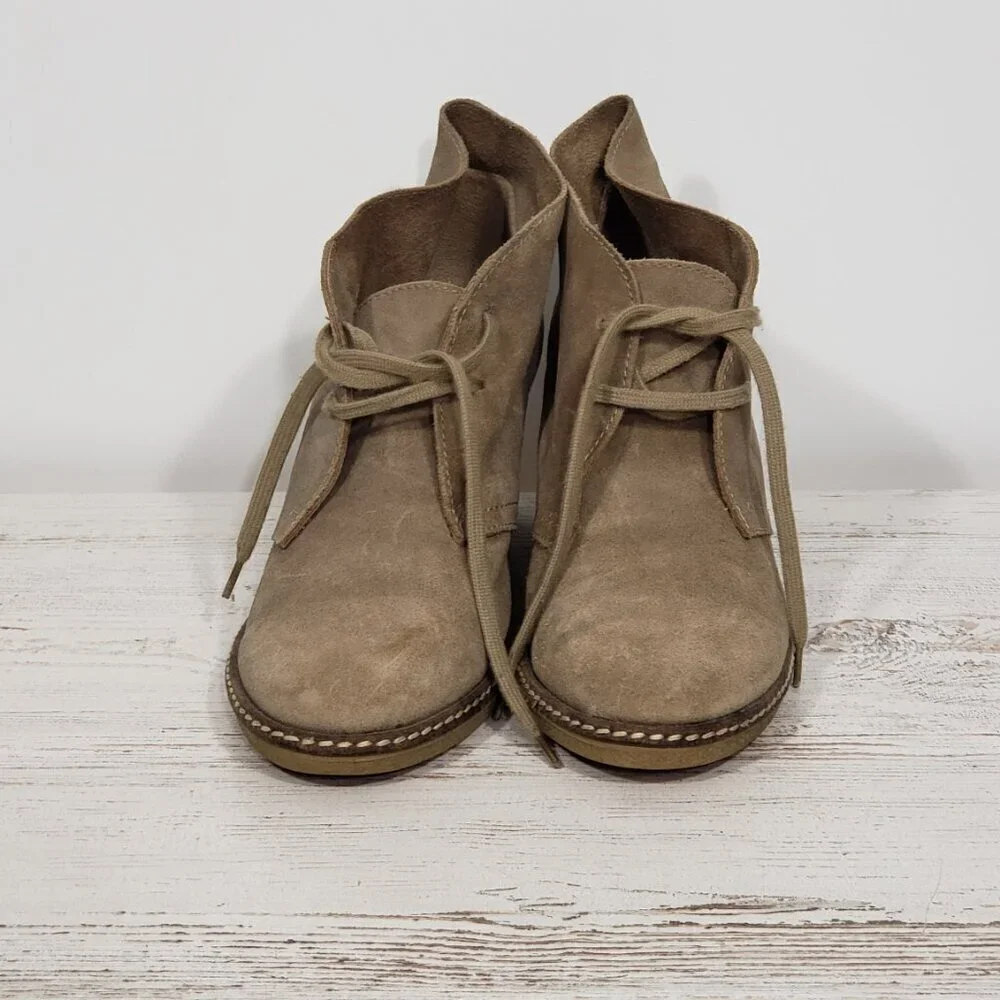 J Crew Tan Suede Wedge Booties  Size 9 good pre-owned condition